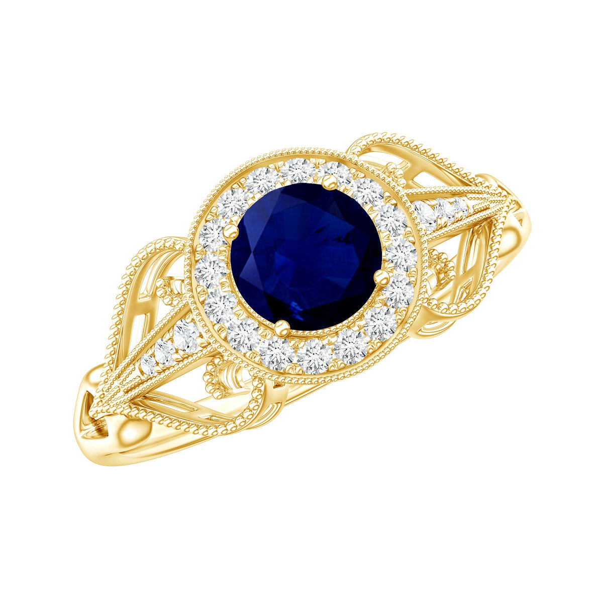 Vintage Looking Blue Sapphire with Diamond Halo Engagement Ring