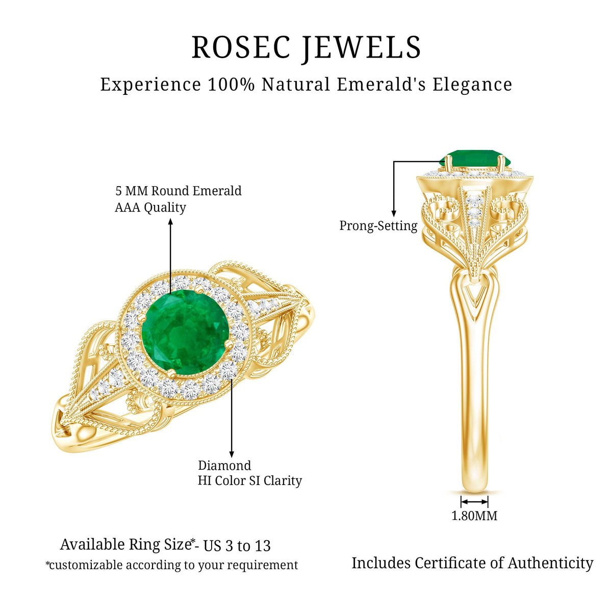AAA Quality Emerald and Diamond Vintage Inspired Engagement Ring