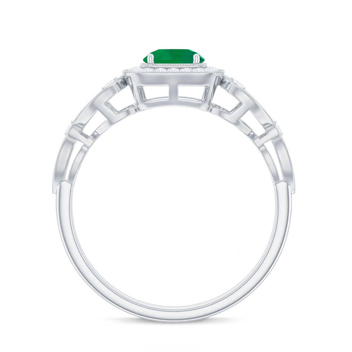 Vintage Looking Emerald Engagement Ring with Diamond Halo