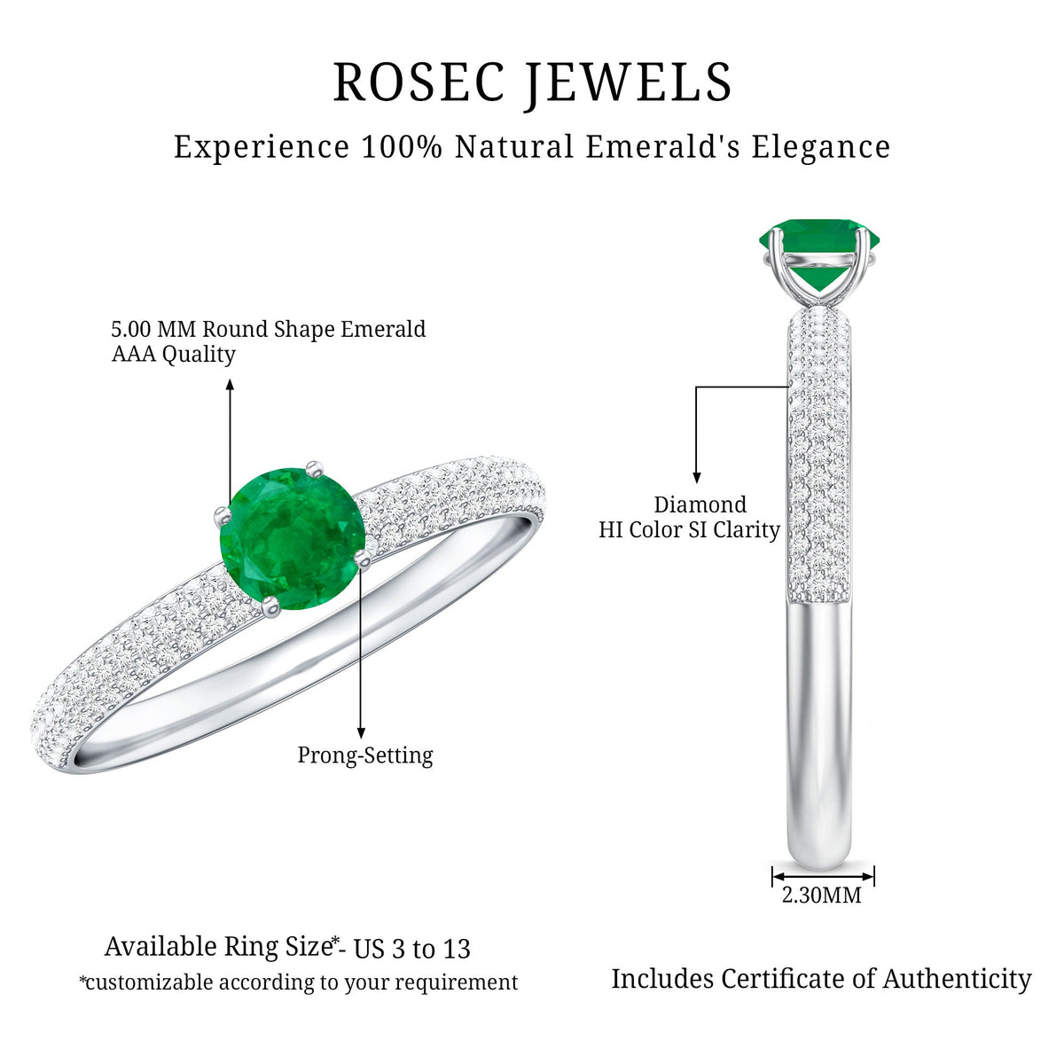 Classic Emerald Solitaire Engagement Ring with Real Diamond Side Stones
