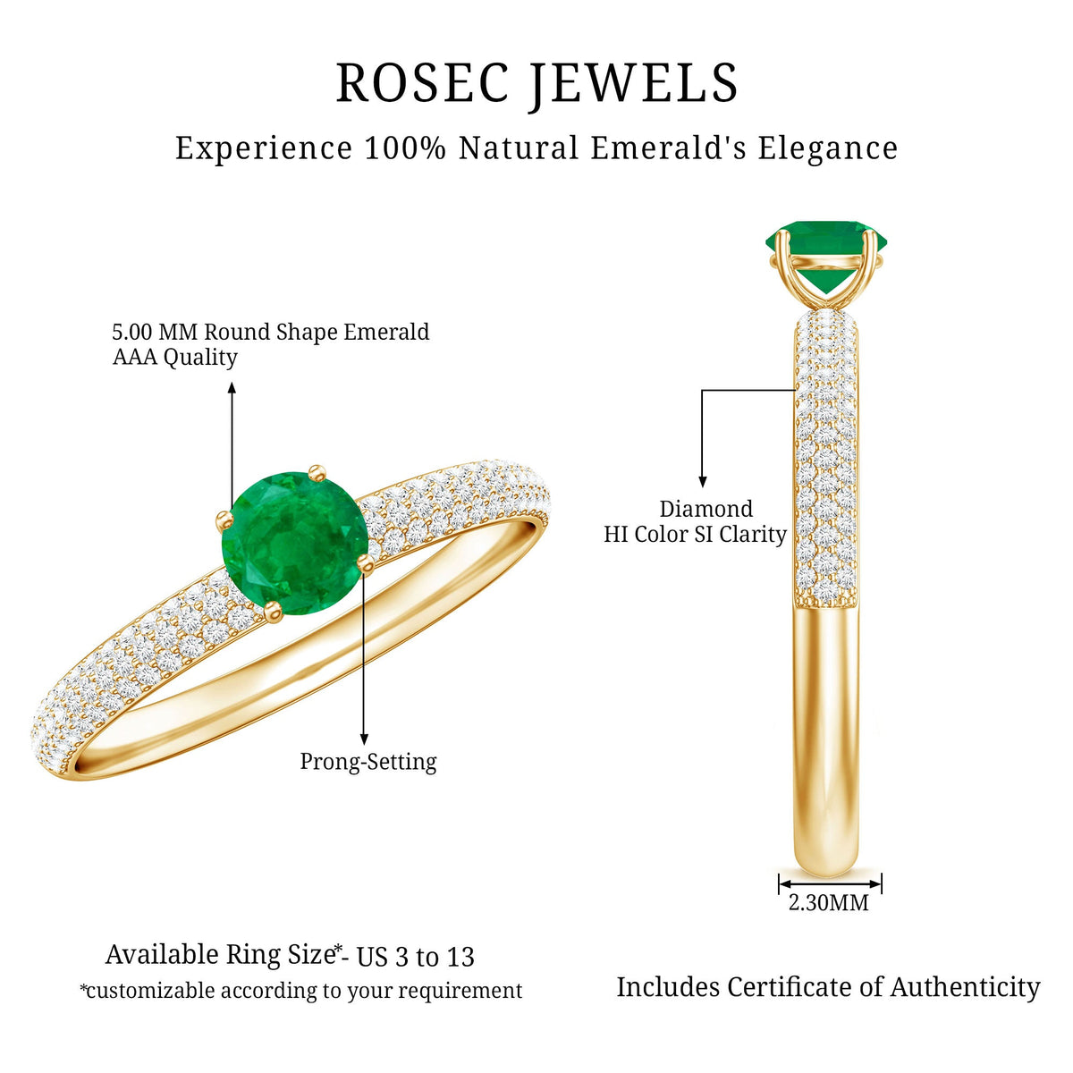 Classic Emerald Solitaire Engagement Ring with Real Diamond Side Stones