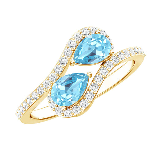 Genuine Aquamarine Two Stone Engagement Ring with Diamond
