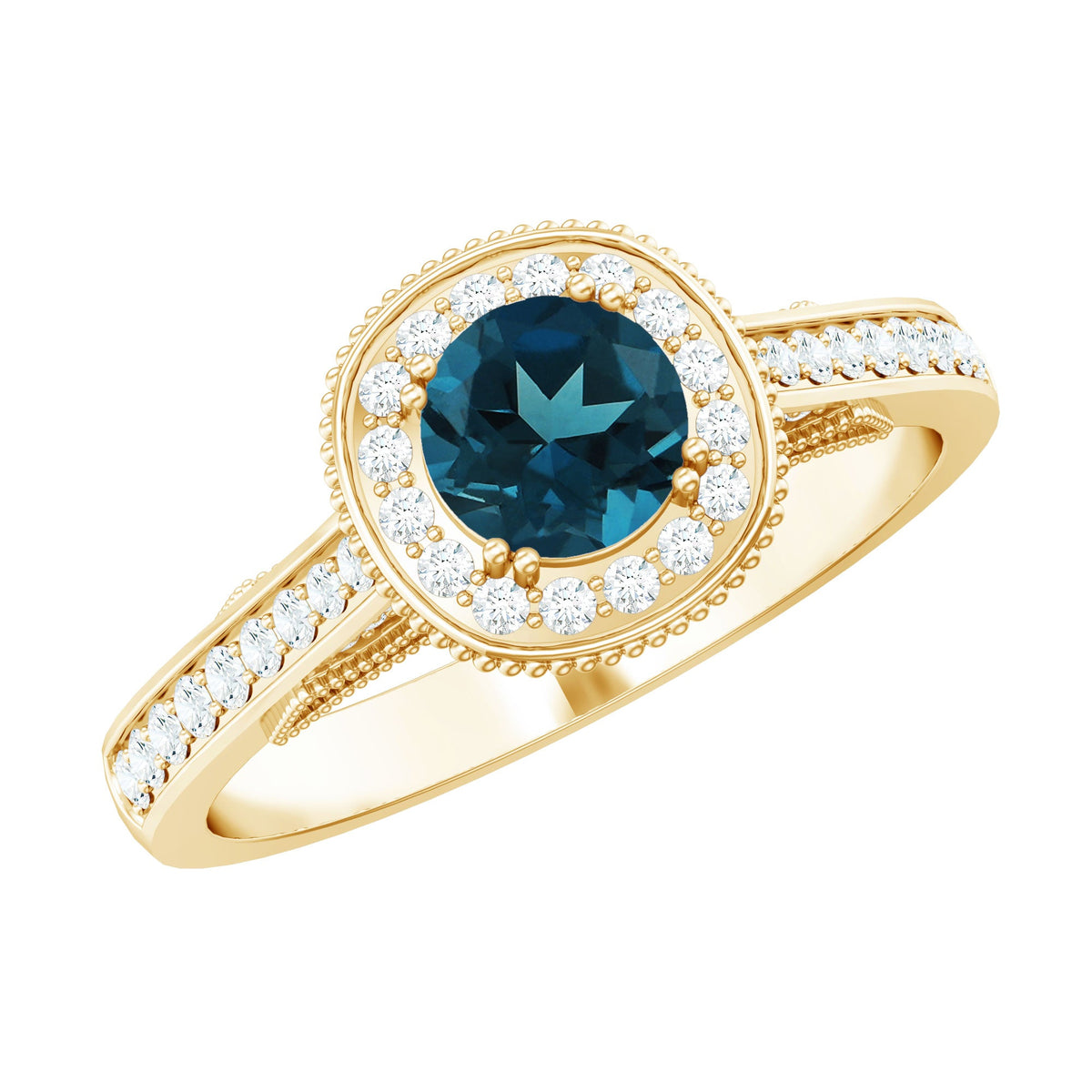 Vintage Looking London Blue Topaz Engagement Ring with Diamond Halo