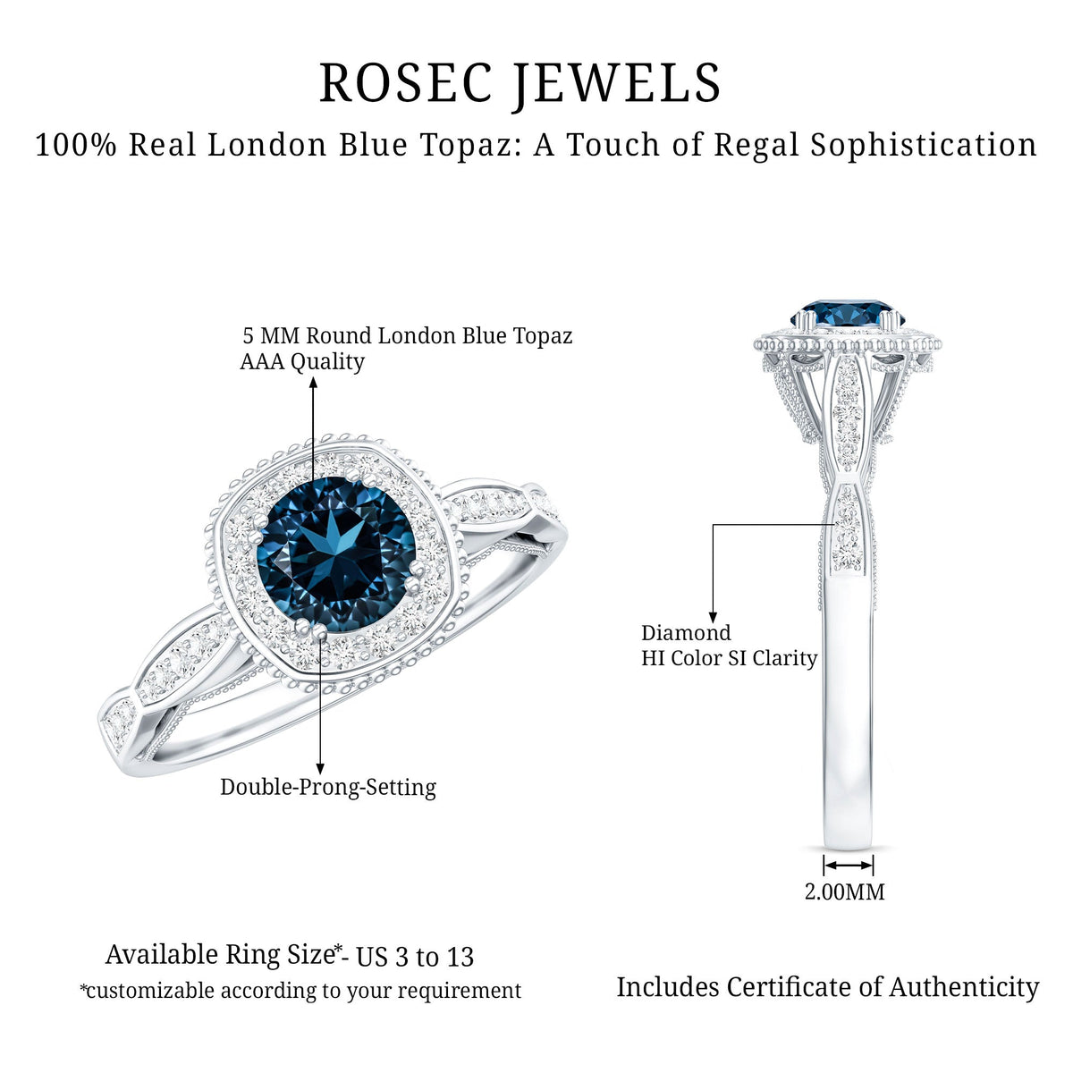 0.6 Carat London Blue topaz Vintage Inspired Ring with Diamond Halo
