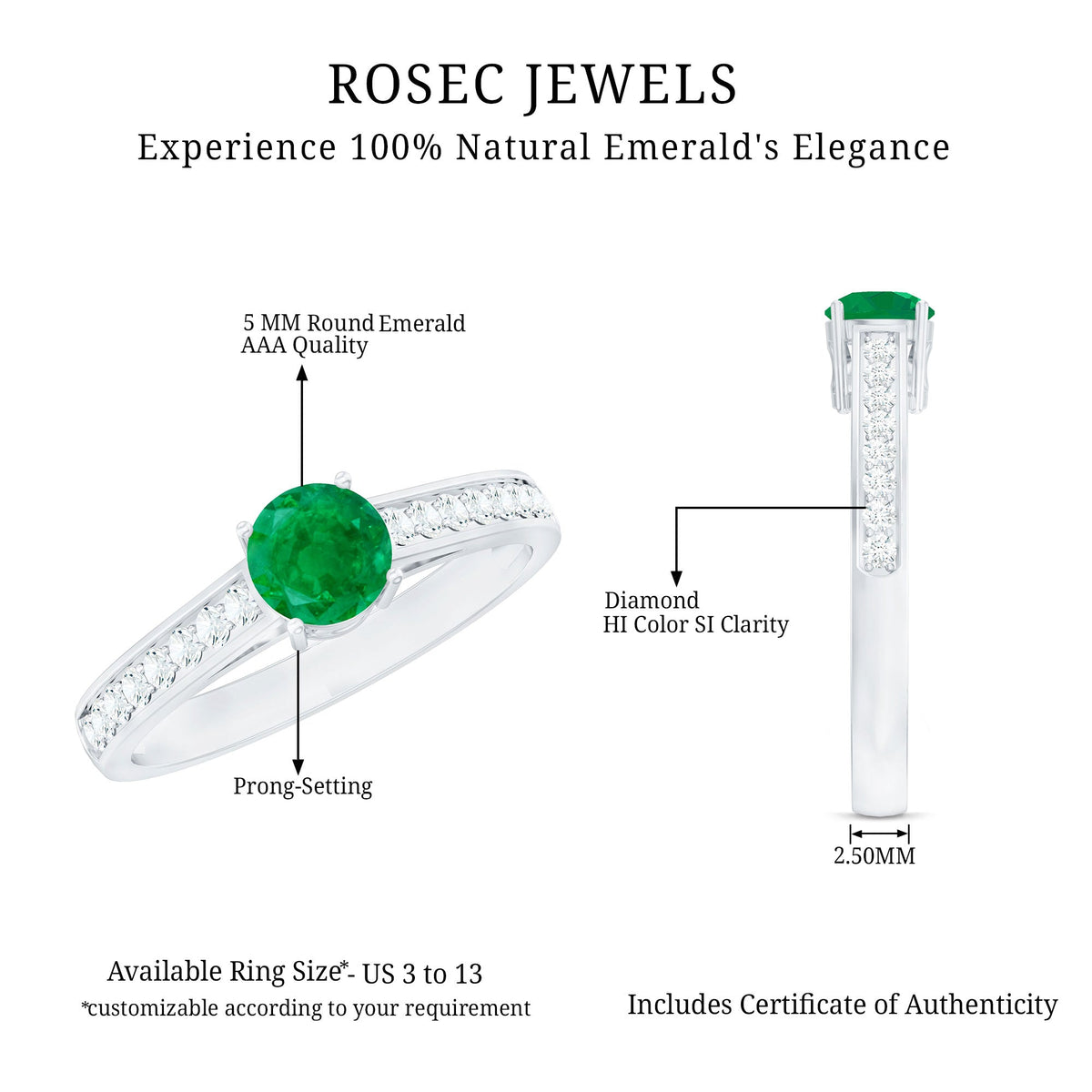 0.4 Carat Genuine Emerald Solitaire Engagement Ring with Diamond Side Stones