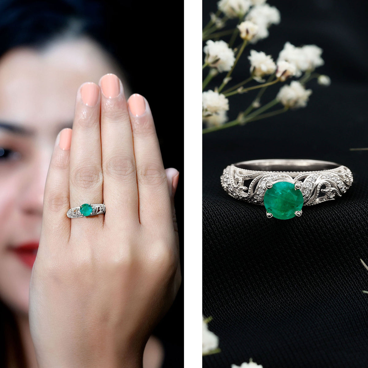 Vintage Looking Emerald and Diamond Engagement Ring for Women