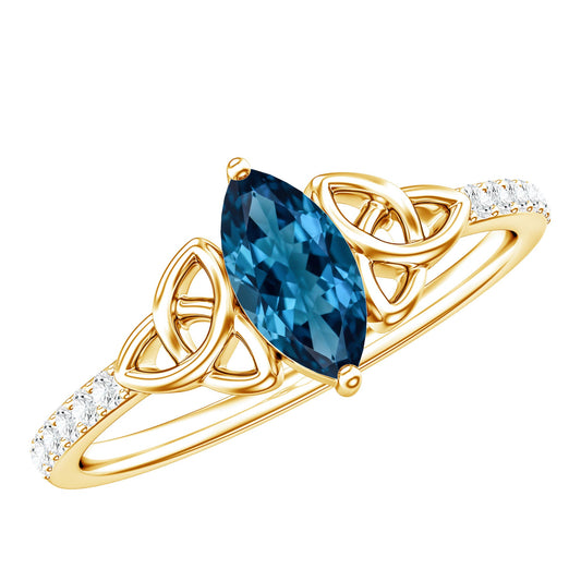0.74 Carat Marquise Cut London Blue Topaz Celtic Engagement Ring with Diamond