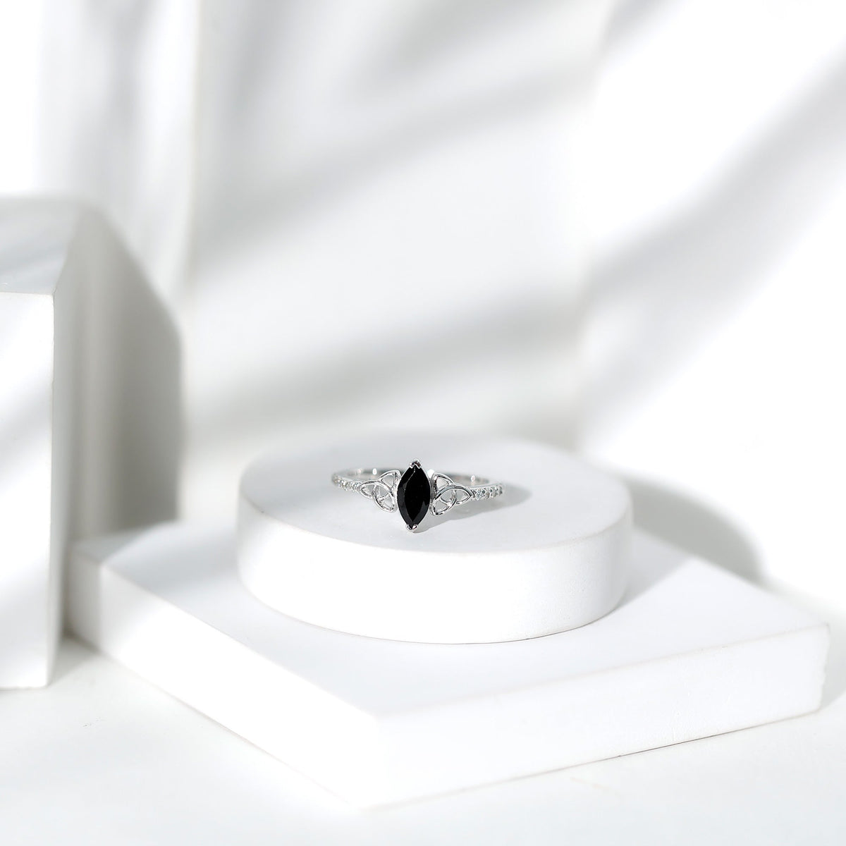 0.8 Carat Lab Grown Black and White Diamond Marquise Engagement Ring with Celtic Knot