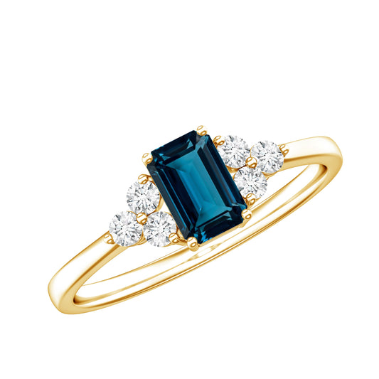 Emerald Cut London Blue Topaz Engagement Ring with Diamond Trio