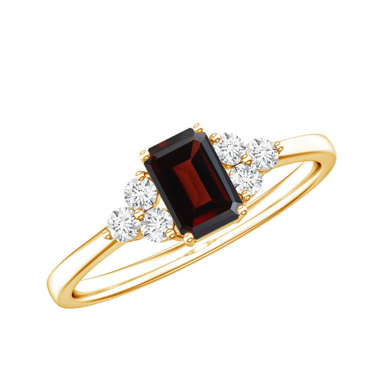Certified Natural Garnet Emerald Cut Engagement Ring With Diamond Trio