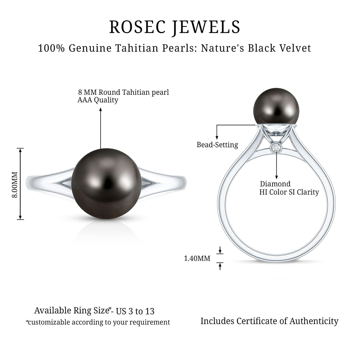 7.5 Carat Tahitian Black Pearl Engagement Ring with Split Shank