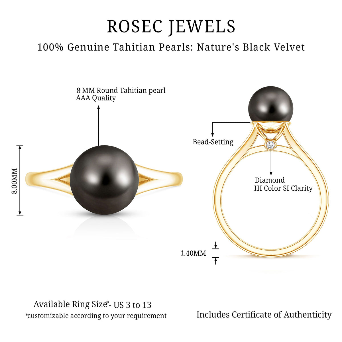7.5 Carat Tahitian Black Pearl Engagement Ring with Split Shank