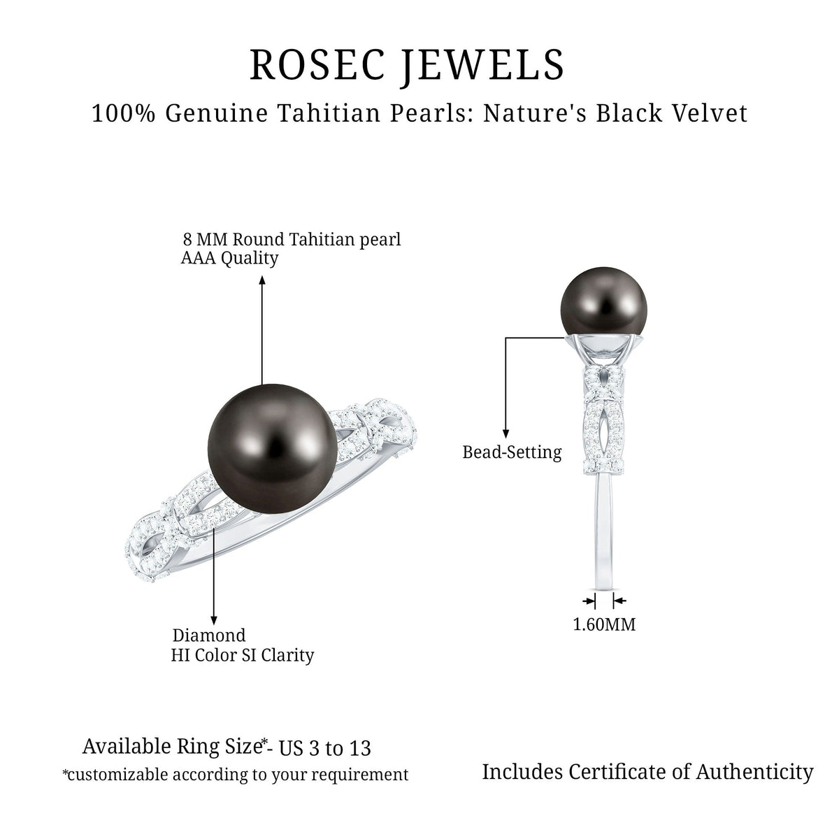 7.5 Carat Genuine Black Pearl and Diamond Engagement Ring