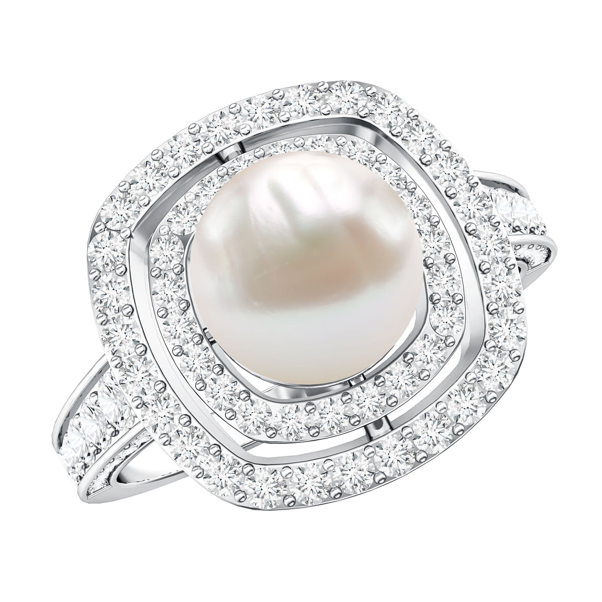 7.4 Carat Freshwater Pearl Double Halo Engagement Ring with Moissanite