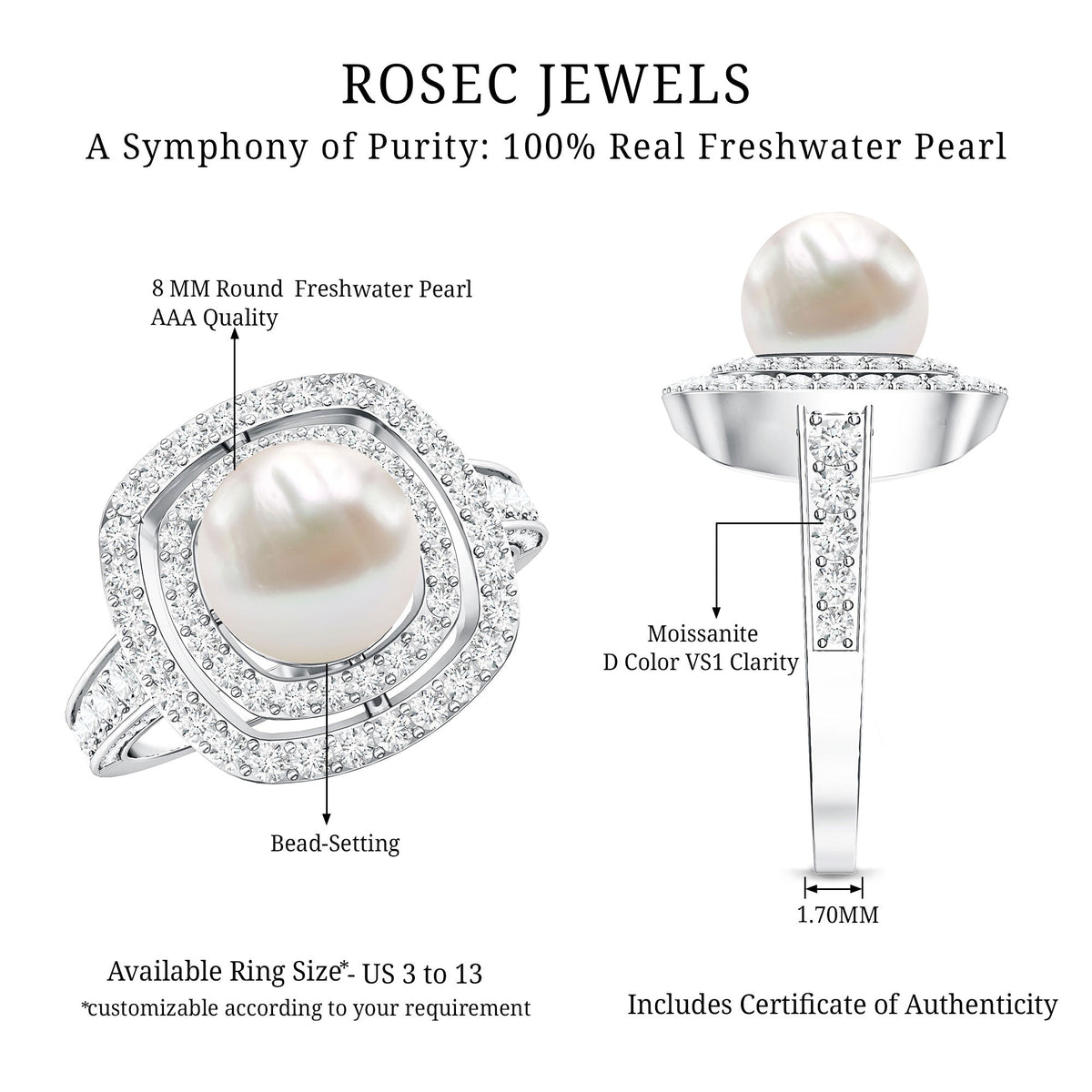 7.4 Carat Freshwater Pearl Double Halo Engagement Ring with Moissanite