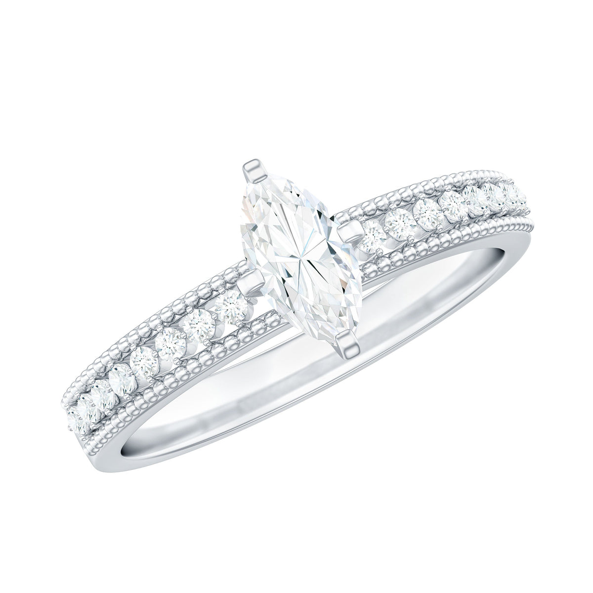 Certified Marquise Cut Moissanite Vintage Solitaire Ring with Side Stones