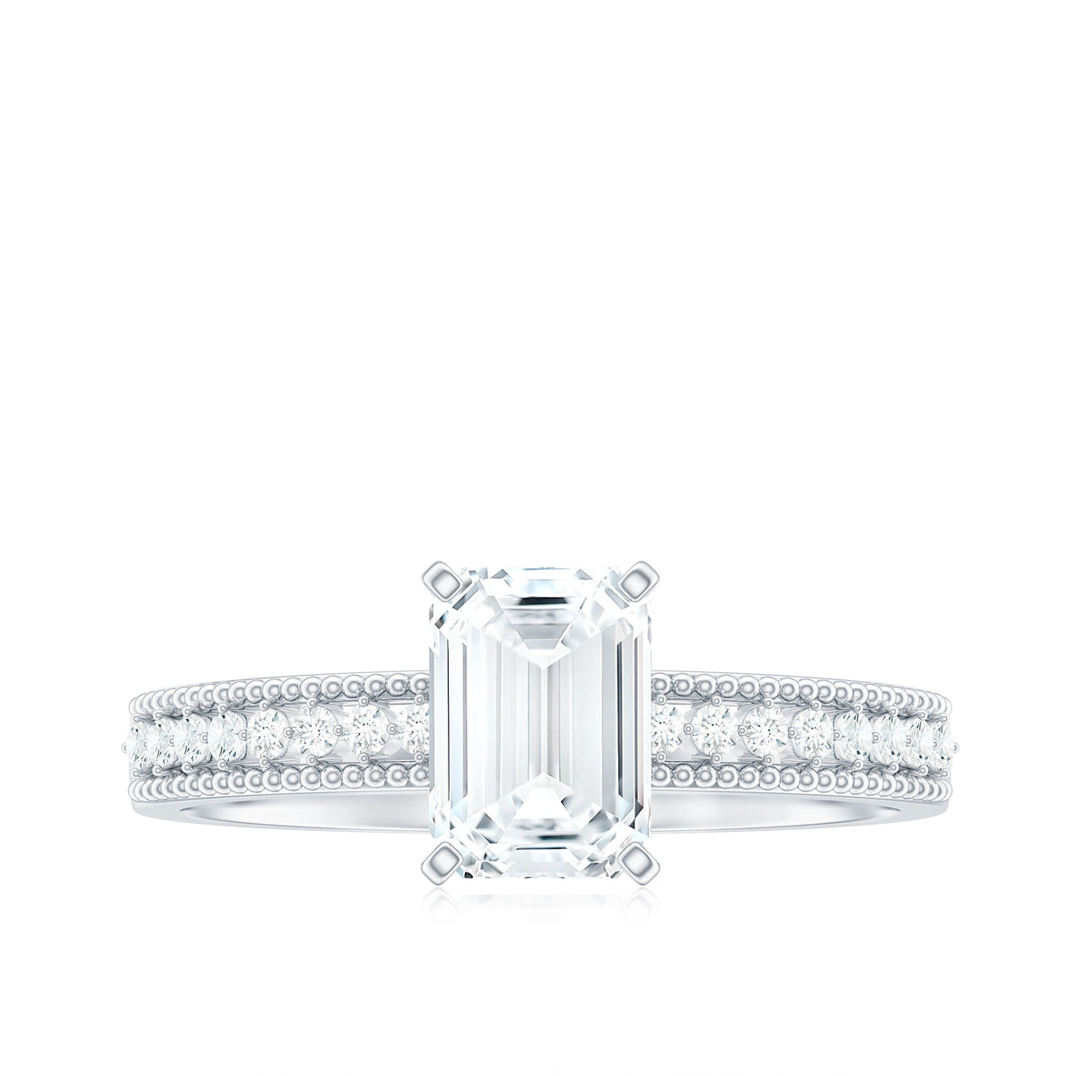 1.8 Carat Emerald Cut Moissanite Solitaire Engagement Ring with Beaded Details