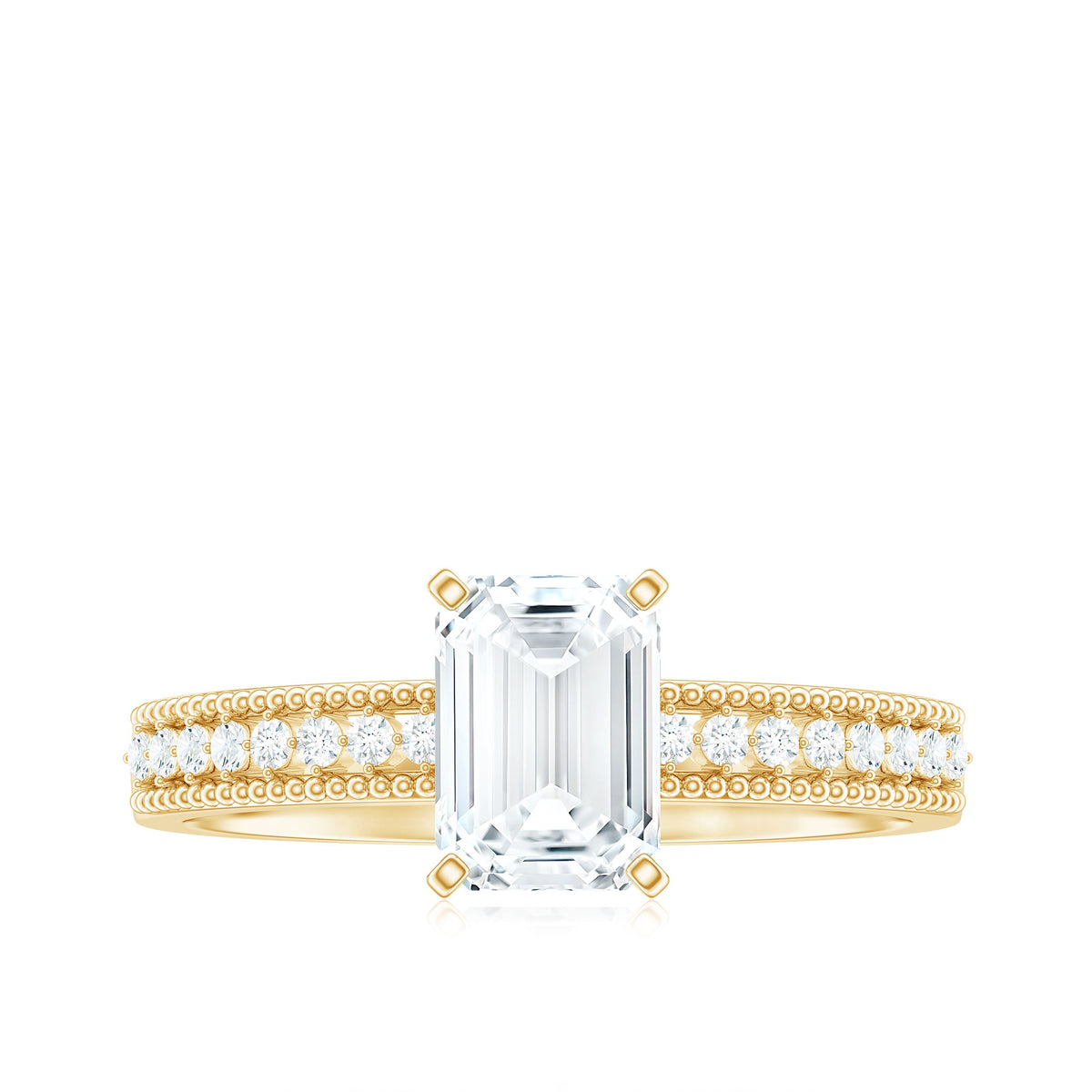 1.8 Carat Emerald Cut Moissanite Solitaire Engagement Ring with Beaded Details