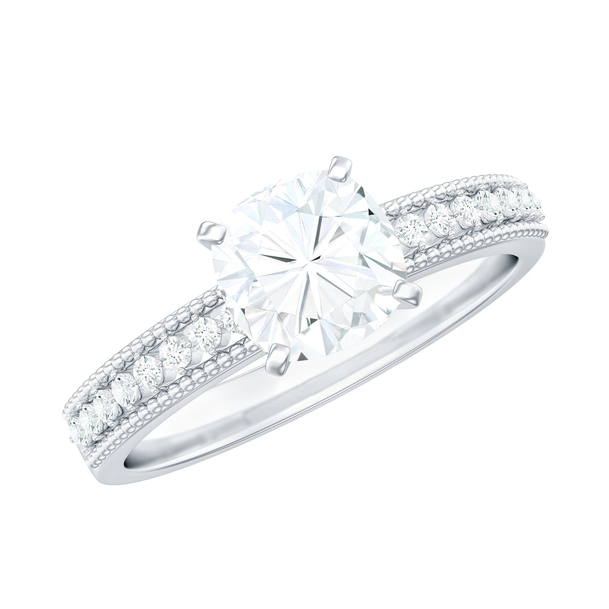 1.7 Carat Cushion Cut Moissanite Solitaire Engagement Ring with Beaded Details