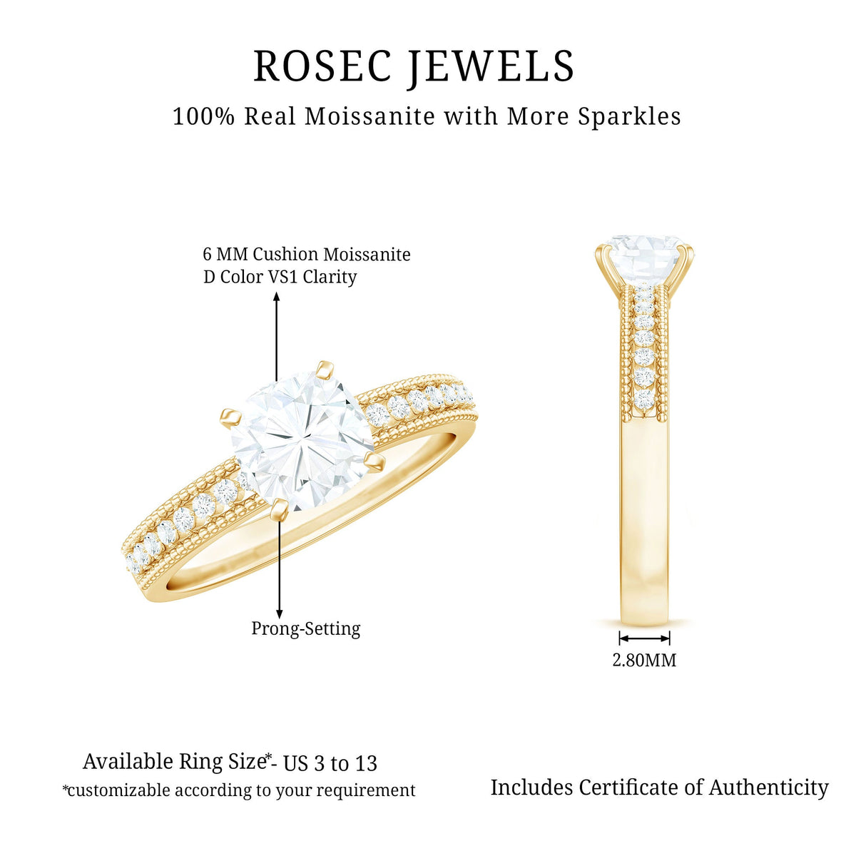 1.7 Carat Cushion Cut Moissanite Solitaire Engagement Ring with Beaded Details