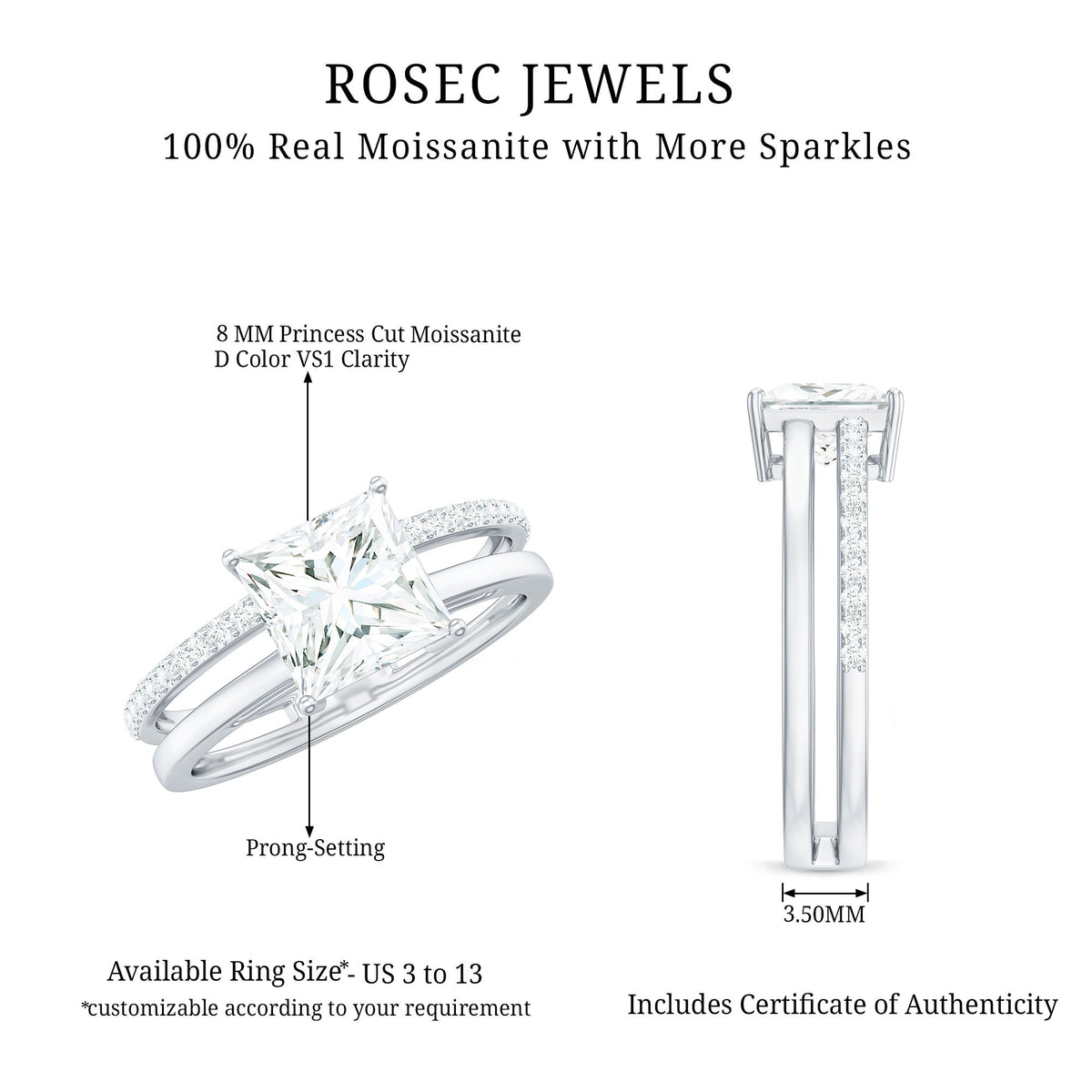3 Carat Princess Cut Moissanite Double Band Engagement Ring