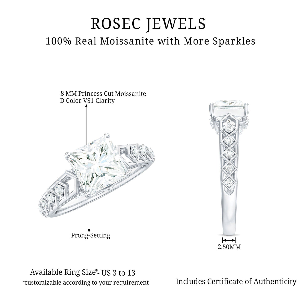 3 Carat Princess Cut Certified Moissanite Solitaire Engagement Ring