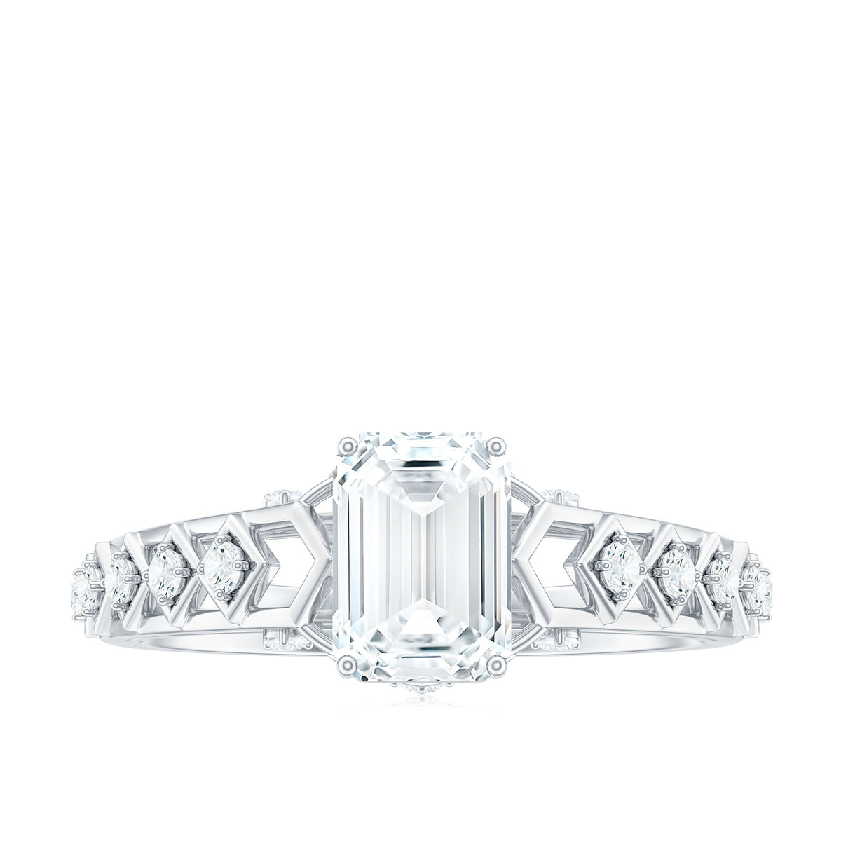 1.8 Carat Emerald Cut Moissanite Solitaire Engagement Ring with Side Stones