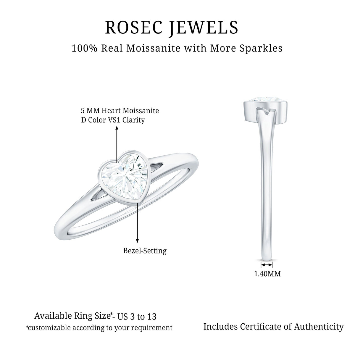 0.5 Carat Heart Shape Moissanite Solitaire Ring with Split Shank