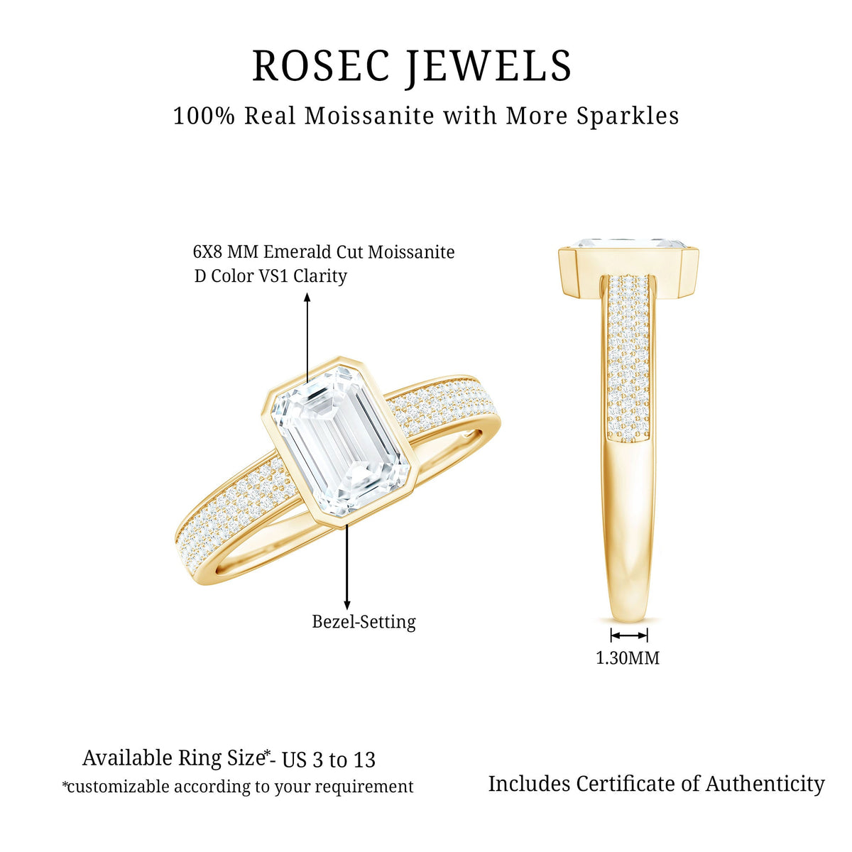 1.8 Carat Emerald Cut Moissanite Bezel Set Engagement Ring with Side Stones