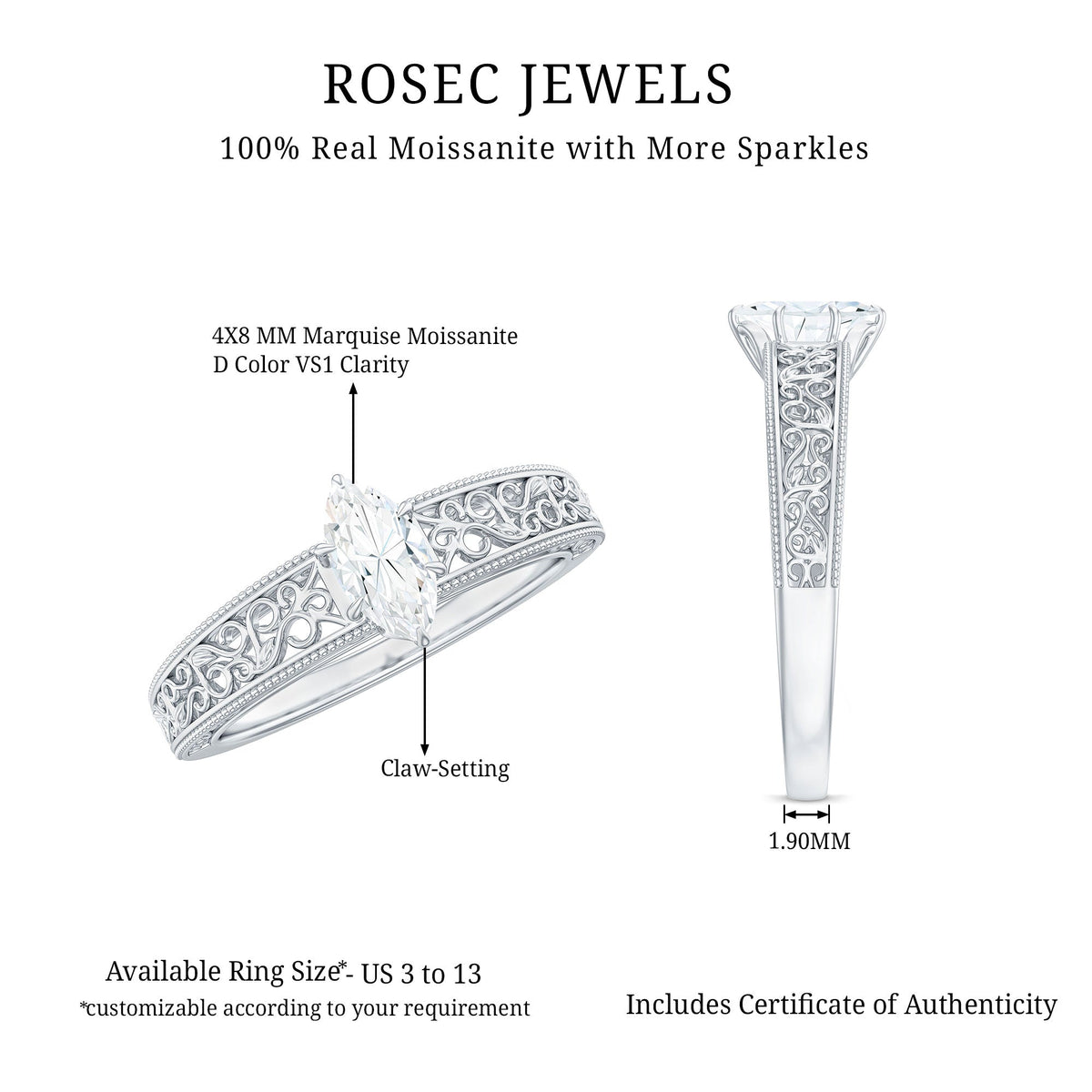 0.7 Carat Marquise Cut Certified Moissanite Solitaire Engagement Ring