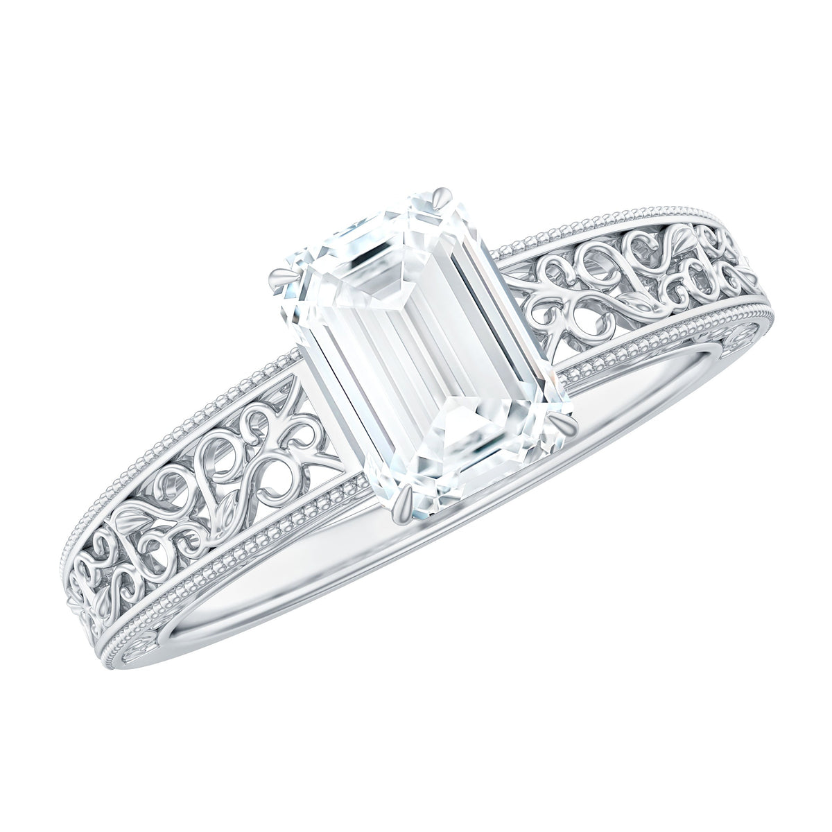 Certified Emerald Cut Moissanite Filigree Engagement Ring for Women