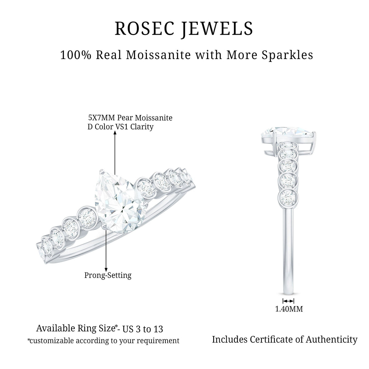 0.7 Carat Pear Cut Moissanite Teardrop Engagement Ring with Side Stones