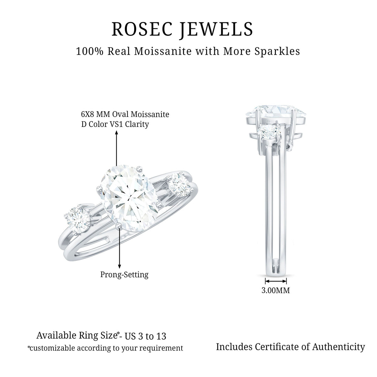 1 Carat Oval Cut Certified Moissanite Solitaire Engagement Ring