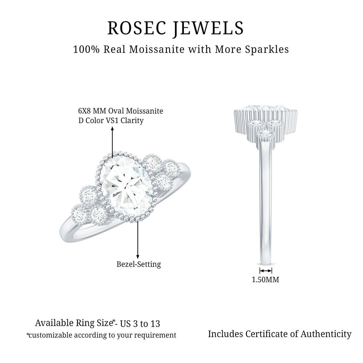 1.2 Carat Oval Cut Moissanite Classic Engagement Ring with Trio