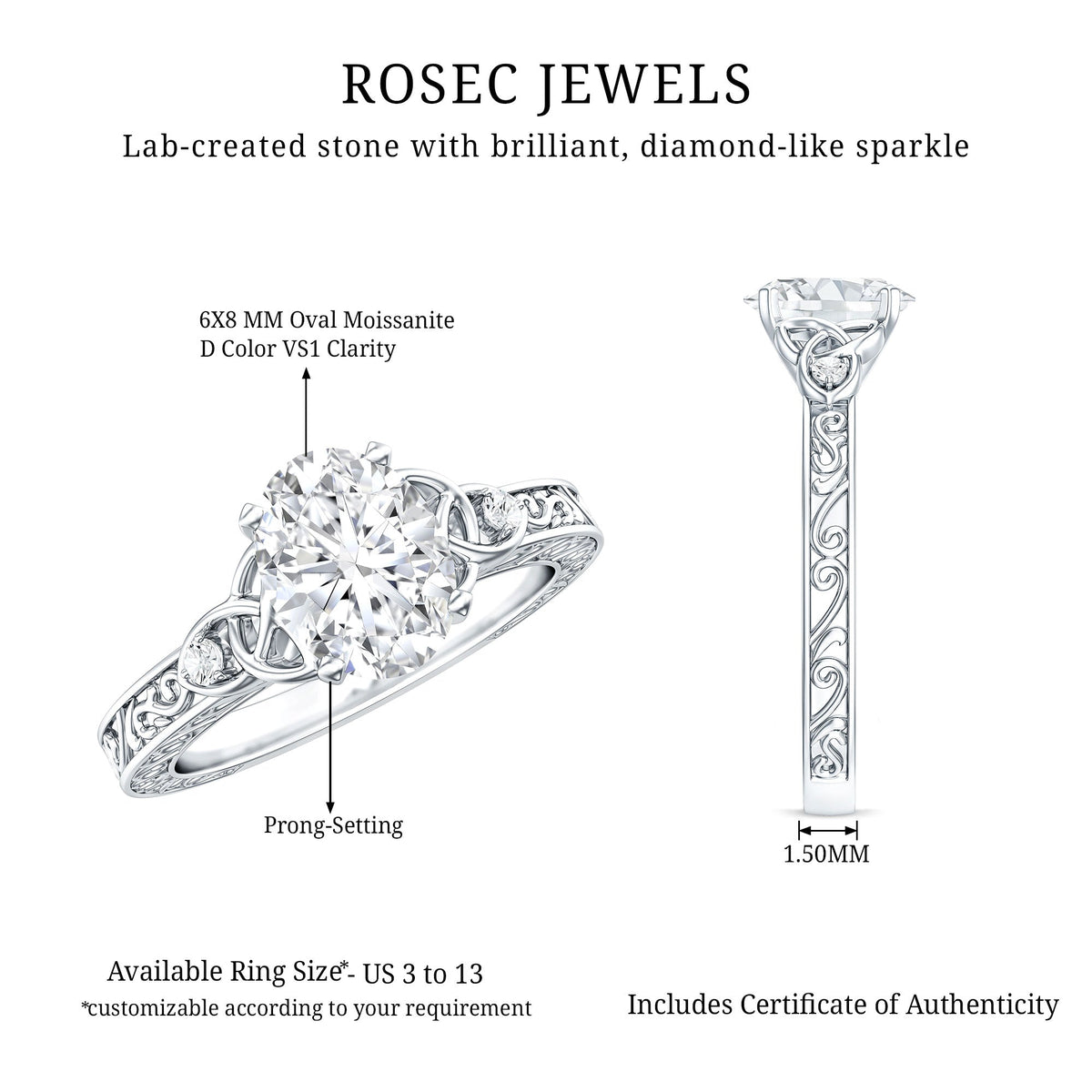 1 Carat Oval Cut Moissanite Celtic Engagement Ring with Engraving Details