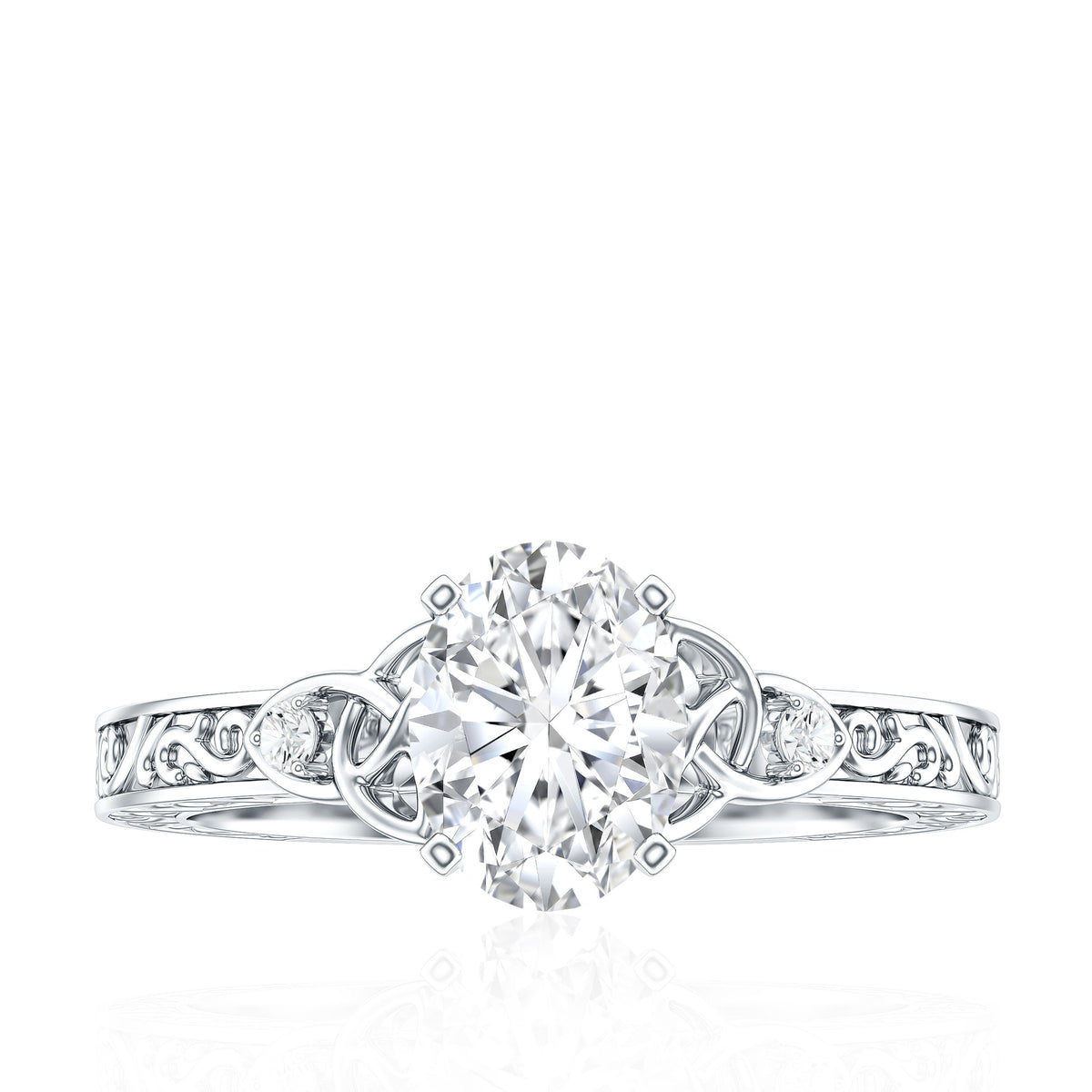 1 Carat Oval Cut Moissanite Celtic Engagement Ring with Engraving Details