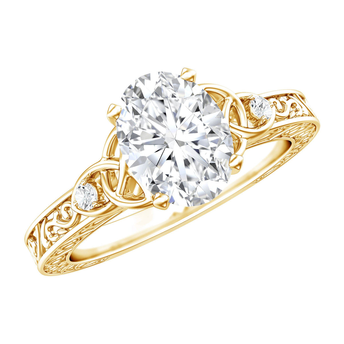 1 Carat Oval Cut Moissanite Celtic Engagement Ring with Engraving Details