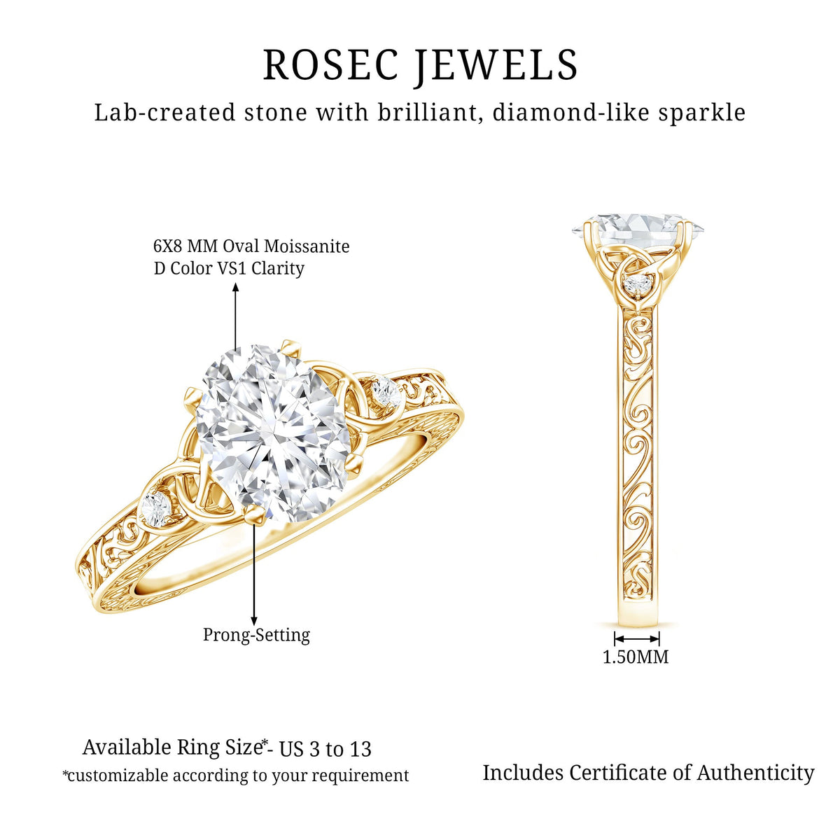 1 Carat Oval Cut Moissanite Celtic Engagement Ring with Engraving Details