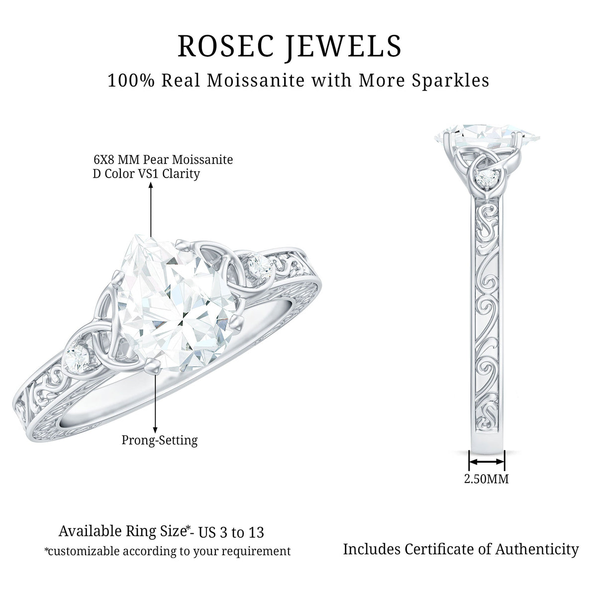 1.3 Carat Certified Moissanite Teardrop Solitaire Engagement Ring with Engraved Shank
