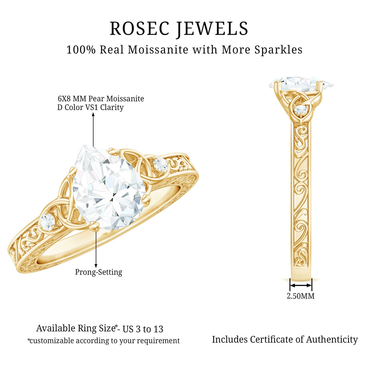 1.3 Carat Certified Moissanite Teardrop Solitaire Engagement Ring with Engraved Shank