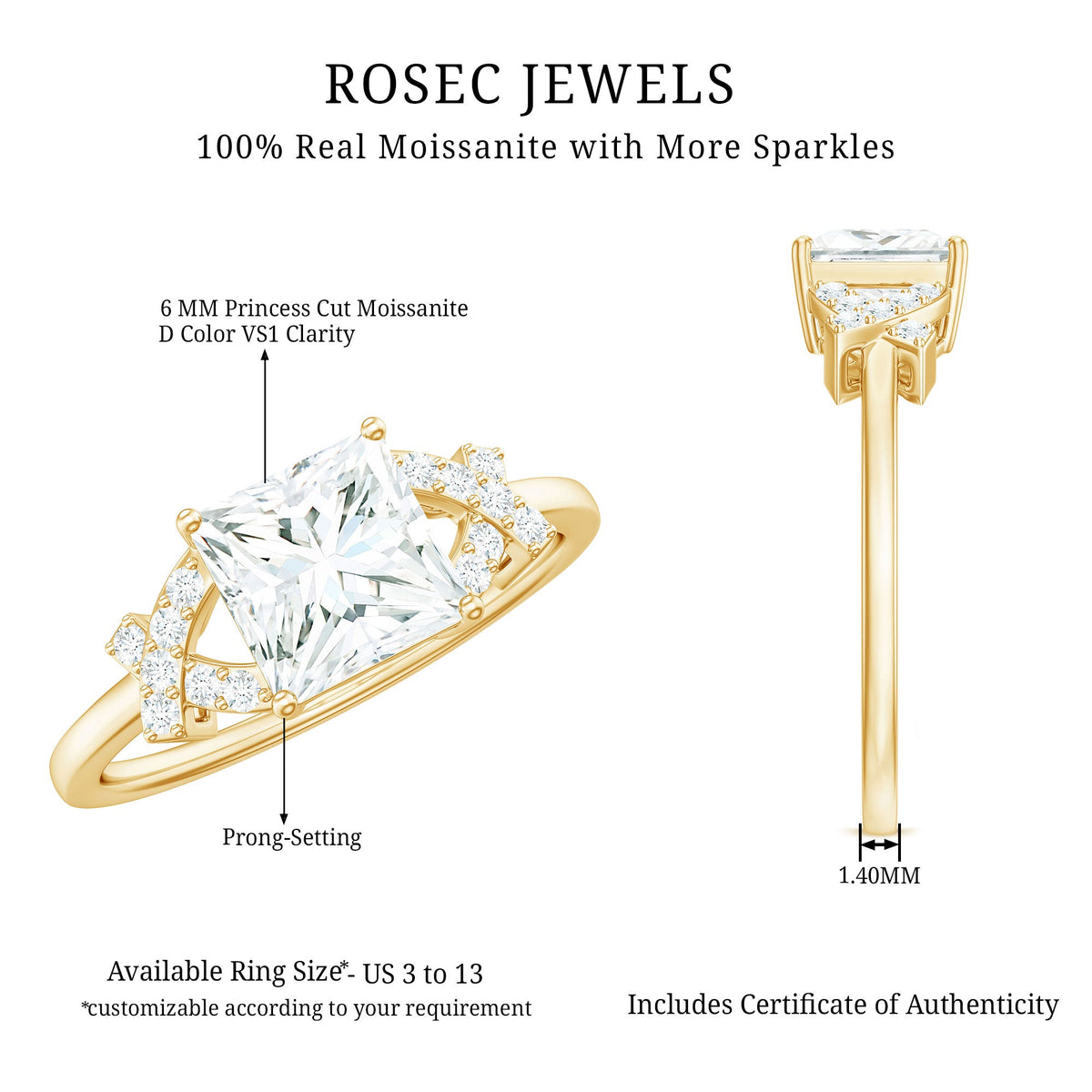 1 Carat Princess Cut Moissanite Solitaire Engagement Ring