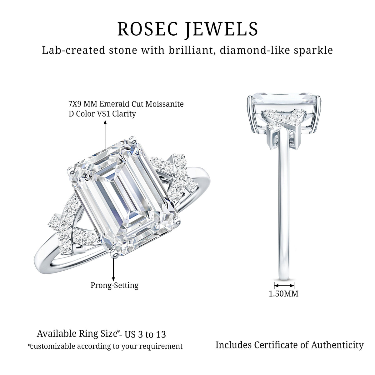 2.8 Carat Emerald Cut Certified Moissanite Solitaire Engagement Ring
