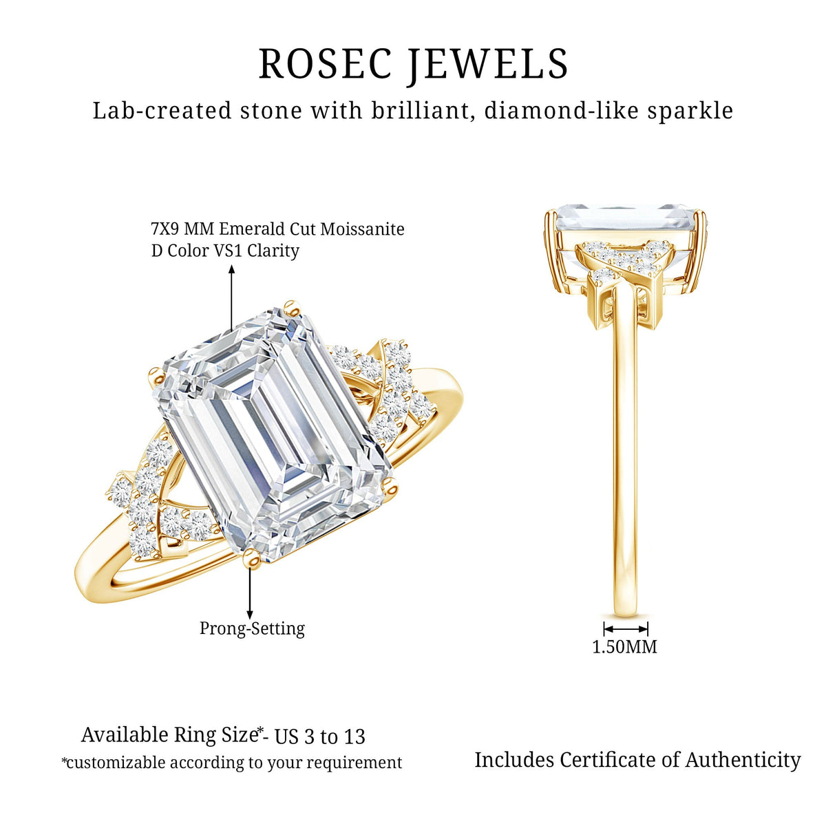 2.8 Carat Emerald Cut Certified Moissanite Solitaire Engagement Ring