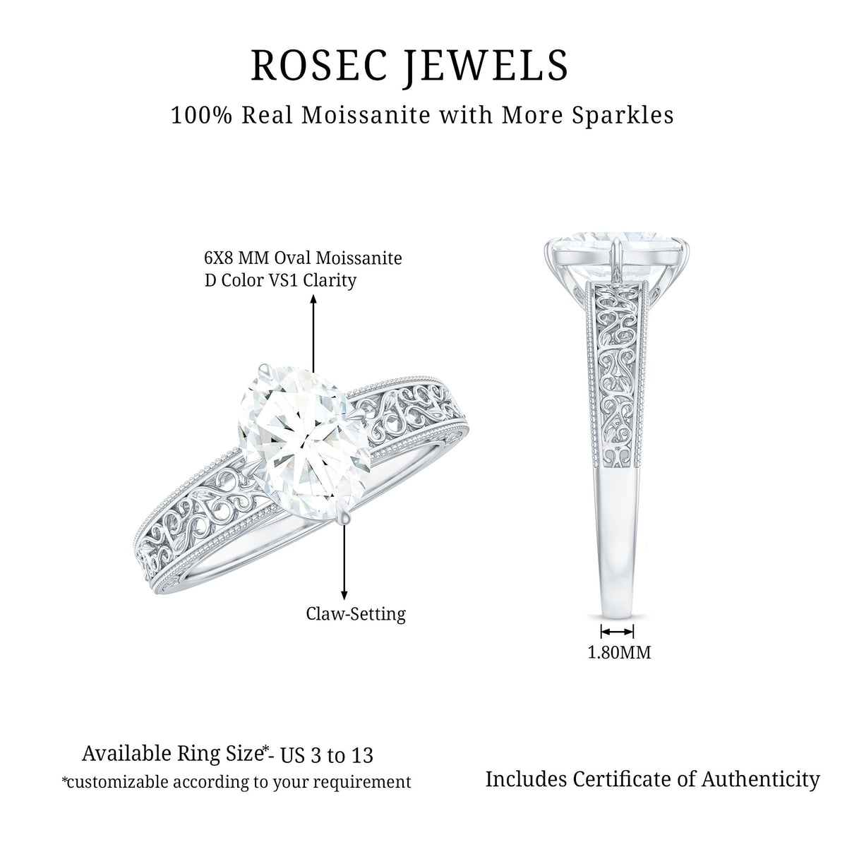 1.2 Carat Moissanite Oblong Engagement Ring with Filigree Shank