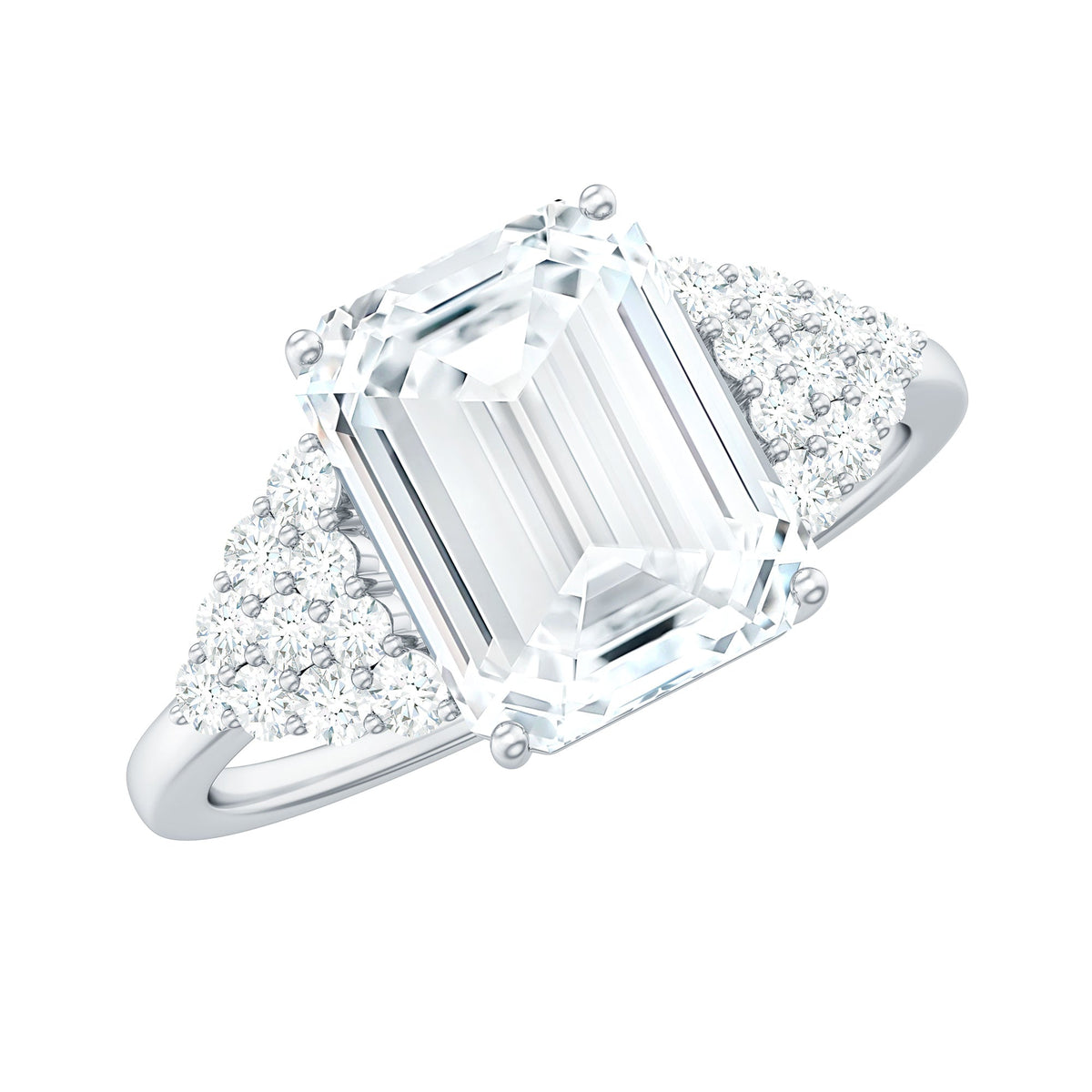 Certified Moissanite Emerald Cut Engagement Ring with Cluster Stones