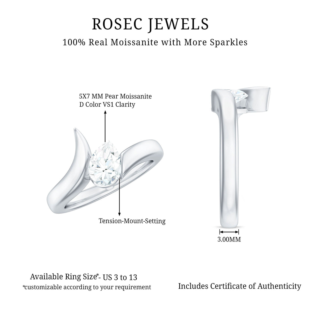 0.7 Carat Pear Cut Moissanite Solitaire Ring with Bypass Shank