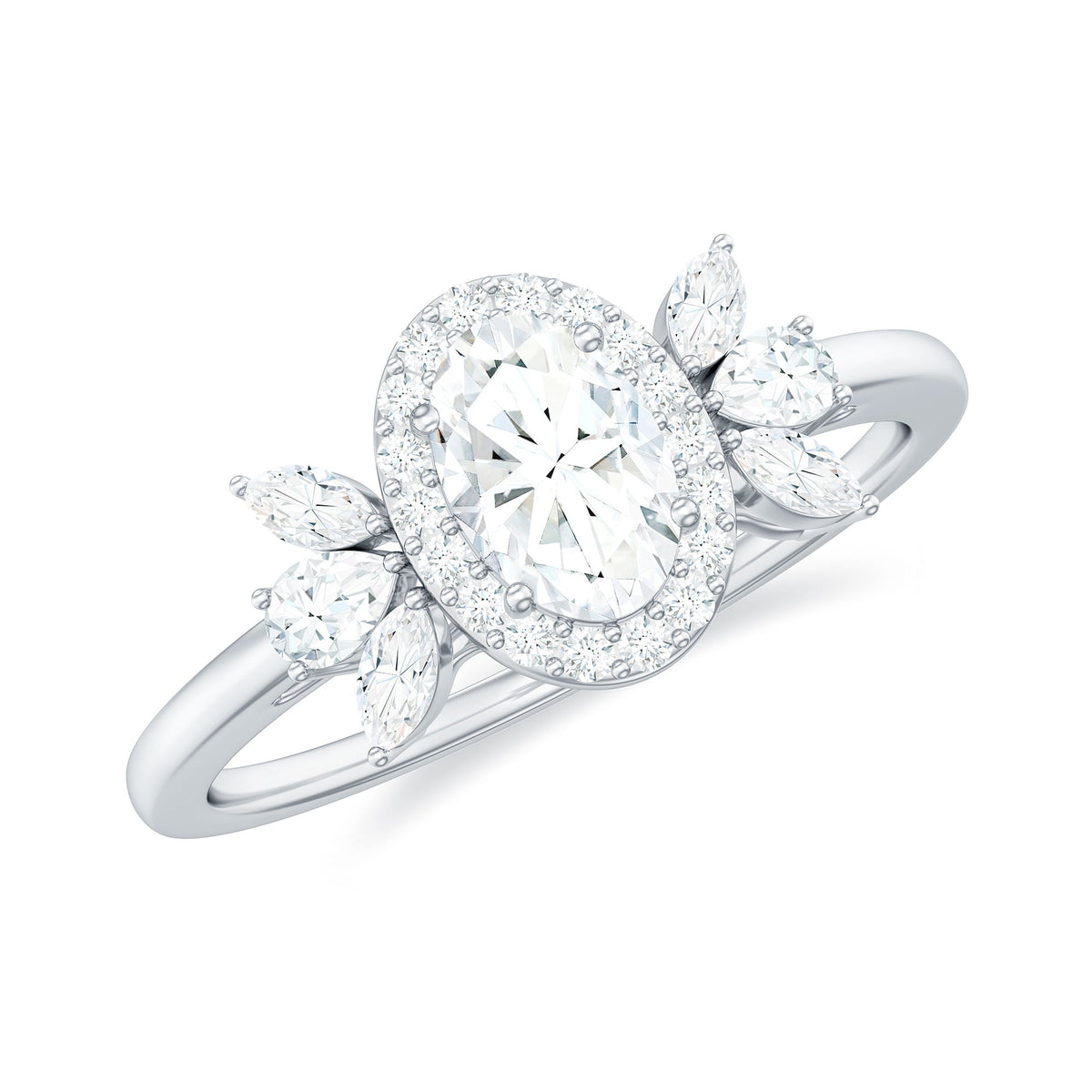 0.4 Carat Oval Cut Moissanite Halo Engagement Ring with Trio