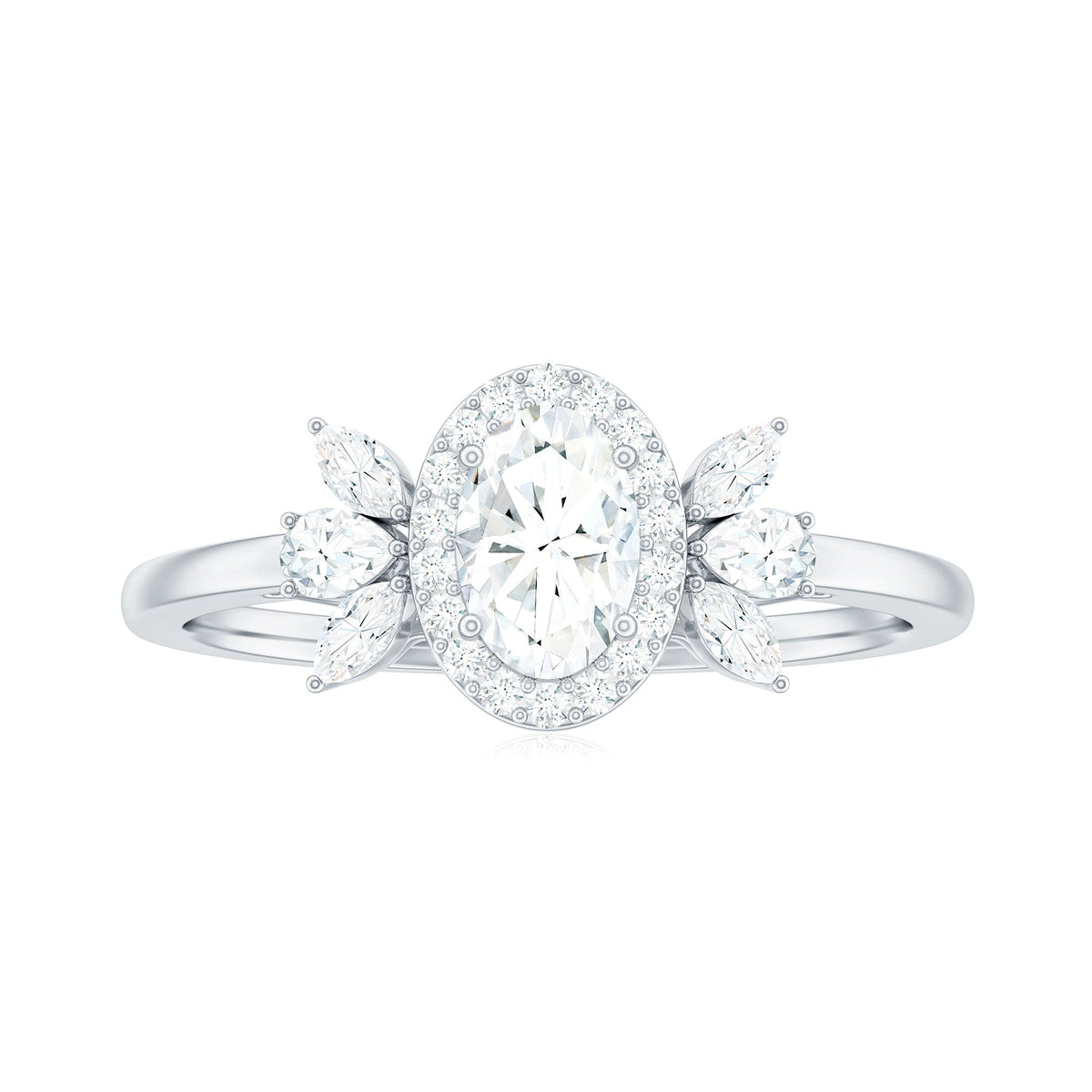 0.4 Carat Oval Cut Moissanite Halo Engagement Ring with Trio