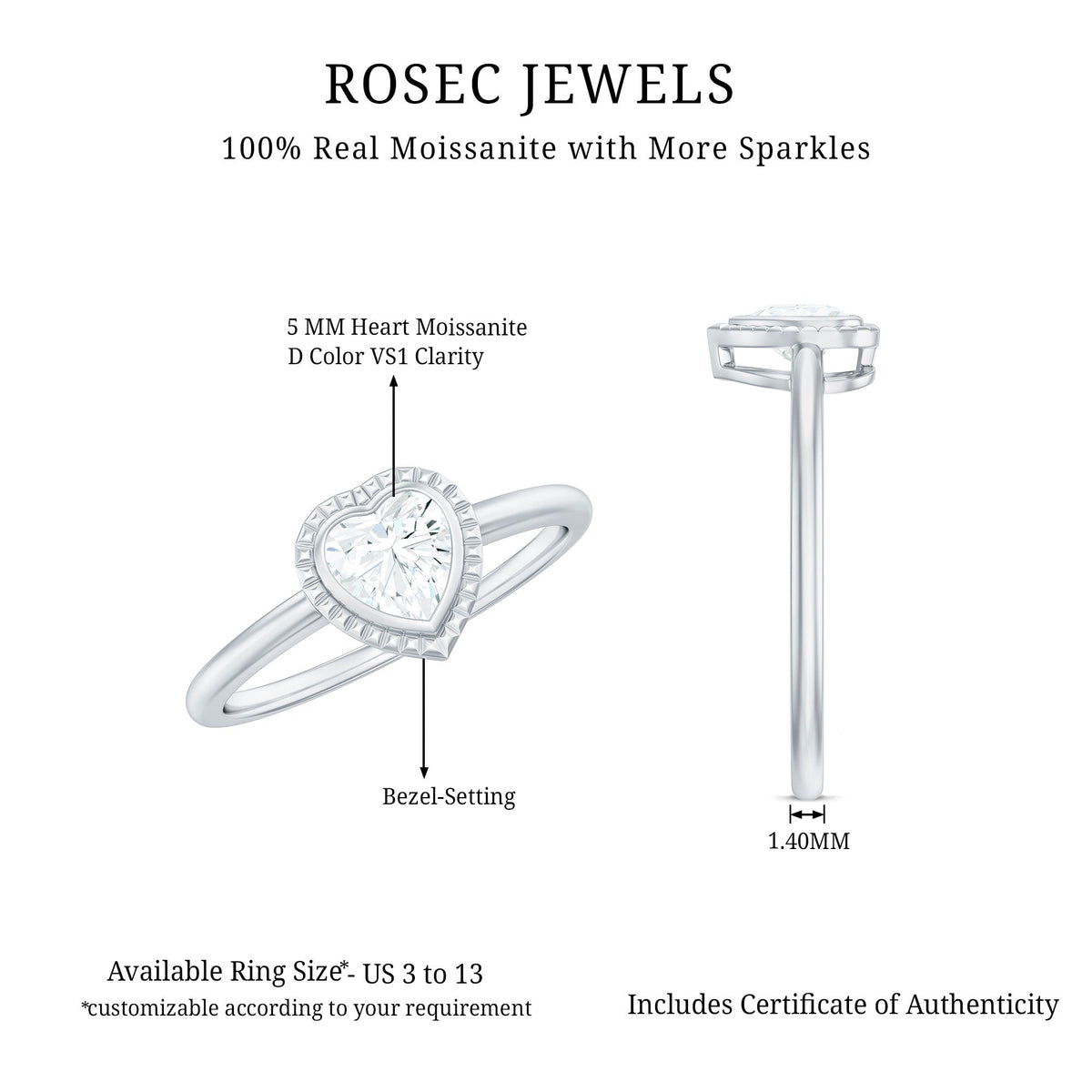 0.5 Carat Moissanite Heart Promise Ring in Bezel Setting