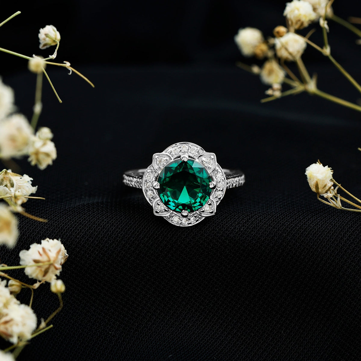 2 Carat Lab Grown Emerald Vintage Inspired Engagement Ring with Diamond